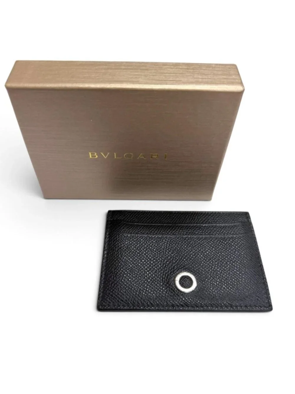 Bvlgari Gray Leather Business Card Case Black Silver